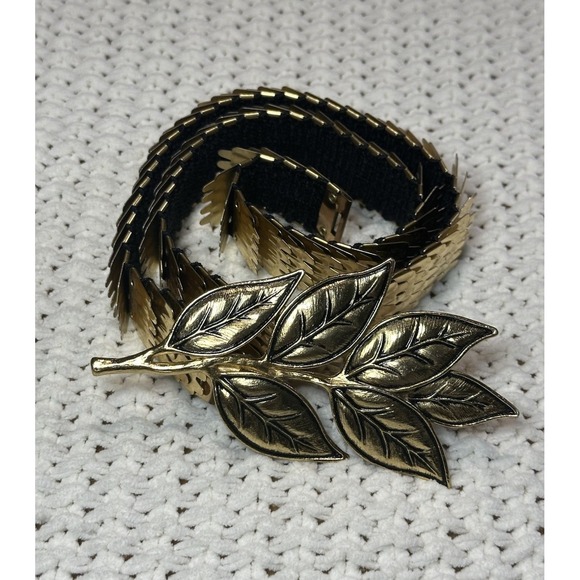 Vintage Accessory Accent Flex Elastic Belt Gold Tone Branch-Leaf Buckle Scales main image 9